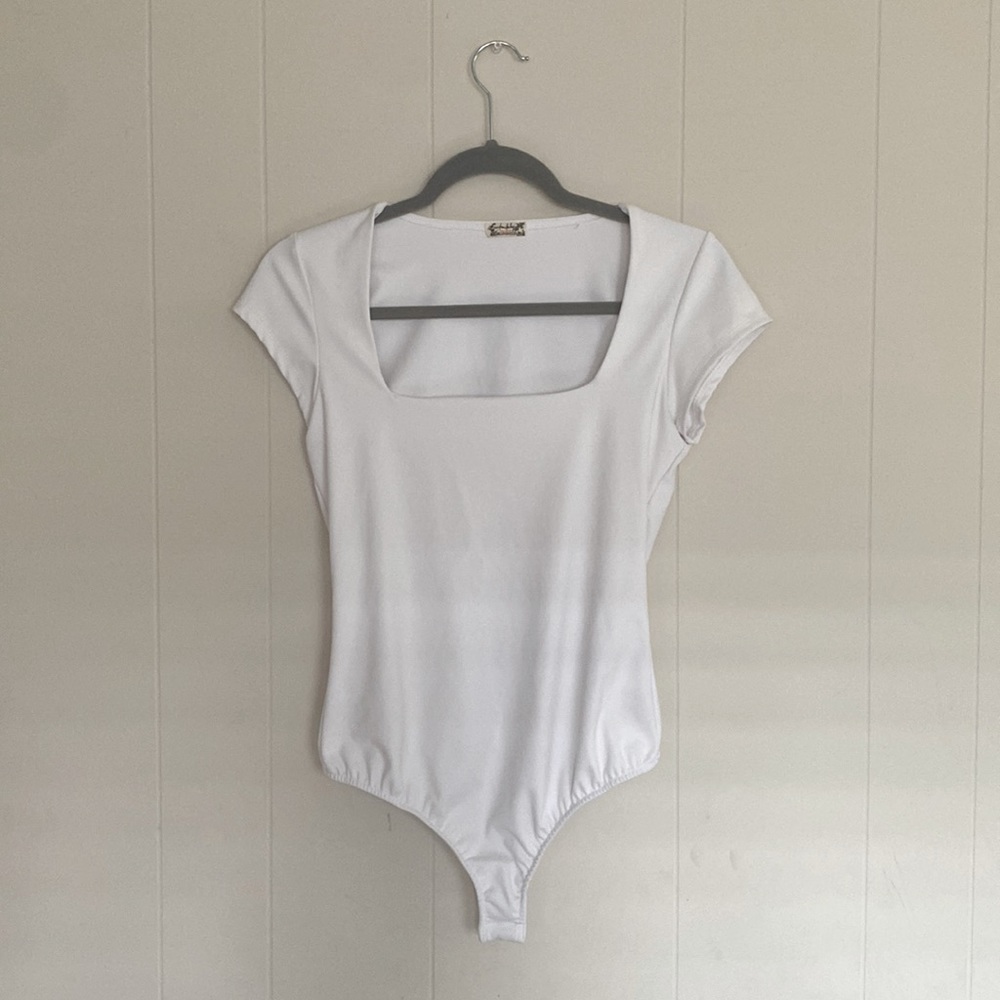 Free People White Square Neck Short Sleeve Bodysuit